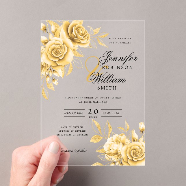 Invitations En Acrylique Elégant Mariage Gold Roses Floral thème (In situ (ordinateur de poche))