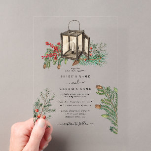 Invitations En Acrylique Élégant Mariage Hiver Rustique Pins Lanterne