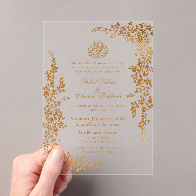 Invitations En Acrylique Élégant Mariage islamique de la feuille d'or (In situ (ordinateur de poche))