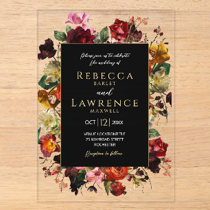 Invitations En Acrylique Élégant mariage noir fleurs sombres humeur