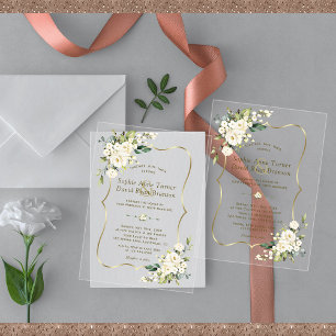 Invitations En Acrylique Élégant Mariage Or Fleurs blanches délicates