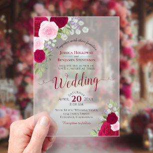 Invitations En Acrylique Élégant mariage roses rose chaud magenta et blush