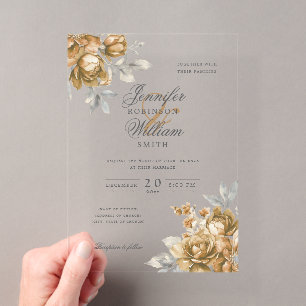 Invitations En Acrylique Élégant Mariage Script Or Floral Rustique Naturel