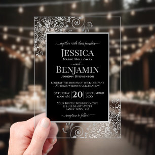 Invitations En Acrylique Élégant Mariage Texte Mariage Noir & Argent
