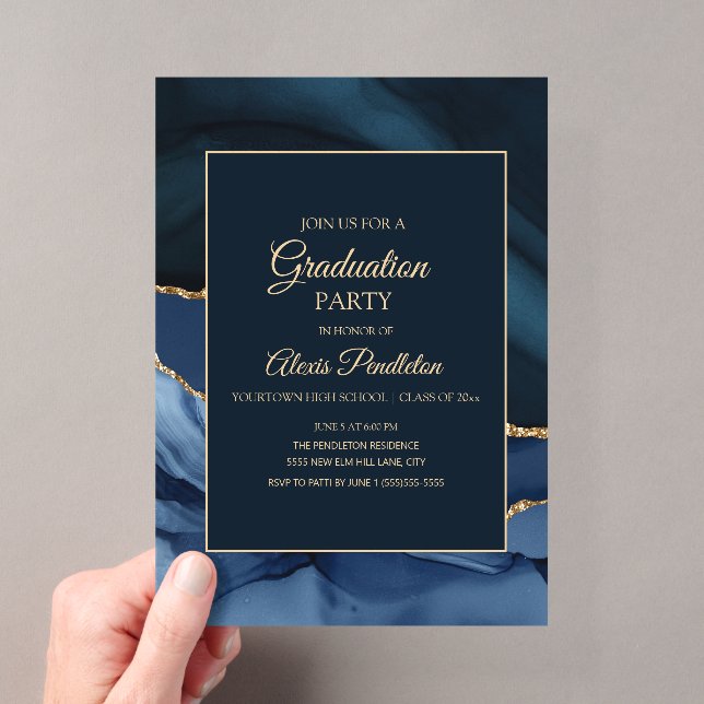 Invitations En Acrylique Élégant Marine Bleu Marbre Or Agate Graduation (In situ (ordinateur de poche))