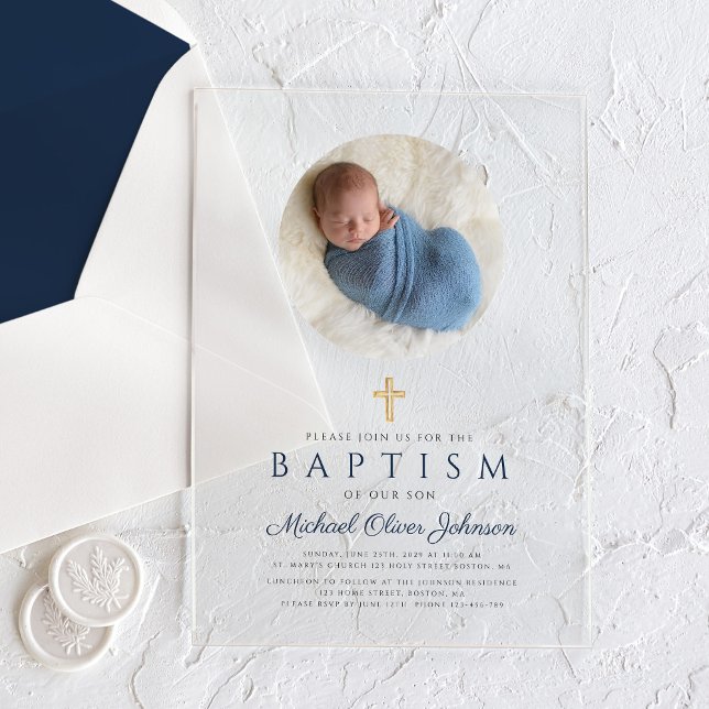 Invitations En Acrylique Élégant Marine Bleu Script Boy Photo Baptême (Elegant Navy Blue Script Boy Photo Baptism Acrylic Invitations)