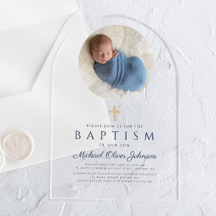 Invitations En Acrylique Élégant Marine Bleu Script Boy Photo Baptême