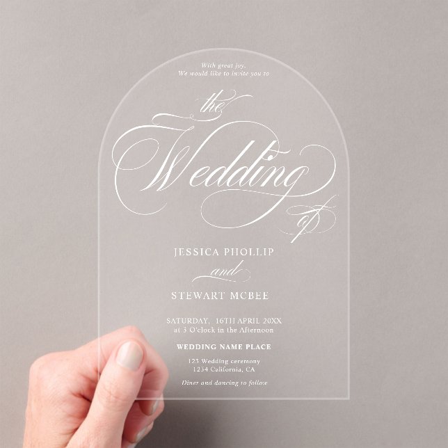 Invitations En Acrylique Élégant minimal chic Script mariage blanc sur clai (In situ (ordinateur de poche))