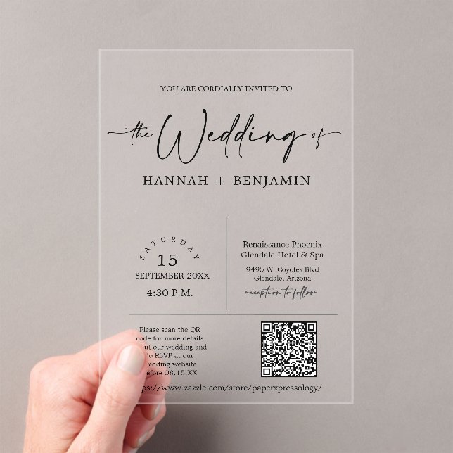 Invitations En Acrylique Élégant minimal de script Mariage Arch QR Code (In situ (ordinateur de poche))