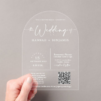 Invitations En Acrylique Élégant minimal de script Mariage Arch QR Code
