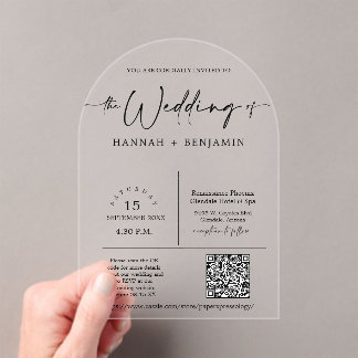 Invitations En Acrylique Élégant minimal de script Mariage Arch QR Code