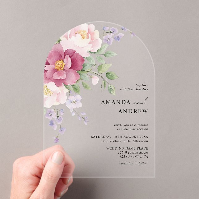 Invitations En Acrylique Elégant moderne Aquarelle Peonies Mariage (In situ (ordinateur de poche))