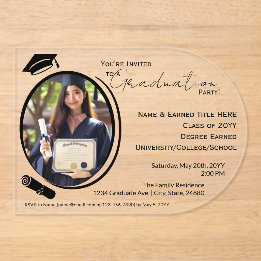 Invitations En Acrylique Élégant, Moderne Grad Photo Grad Diplôme, Black Pa