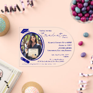 Invitations En Acrylique Élégant, Moderne Grad Photo Grad Diplôme, Bleu Mar