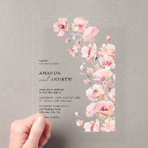 Invitations En Acrylique Élégant Moderne Rose Pâle Floral Photo Mariage