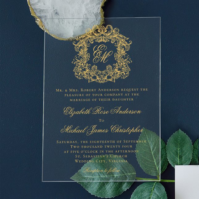 Invitations En Acrylique Élégant Monogram Crest Script Mariage Faux Gold (Créateur téléchargé)