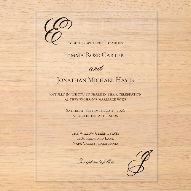 Invitations En Acrylique Elegant Monogram Minimalist Wedding (Recto)