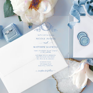 Invitations En Acrylique Élégant monogramme de couronne royale bleu