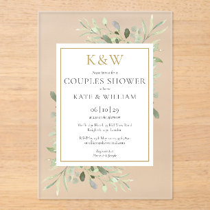 Invitations En Acrylique Élégant Monogramme Or Verdure Couples Douche