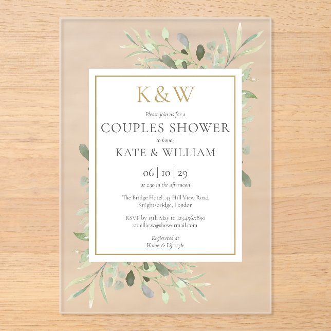 Invitations En Acrylique Élégant Monogramme Or Verdure Couples Douche (Recto)