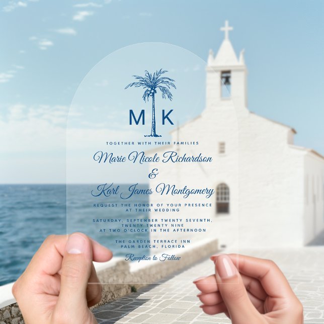 Invitations En Acrylique Elégant Monogramme Palmier Plage Formelle Mariage (Elegant Monogram Palm Tree Formal Beach Wedding Acrylic Invitation)