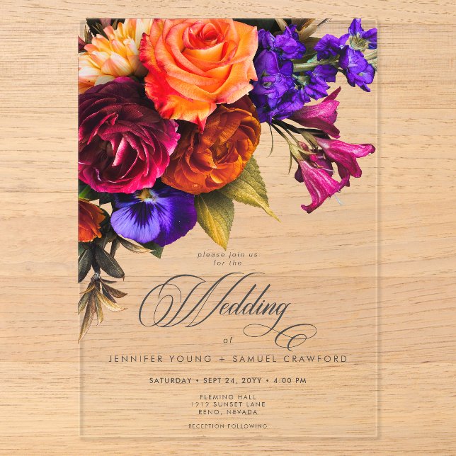 Invitations En Acrylique Élégant Moody Vibrant Harvest Floral Mariage (Recto)