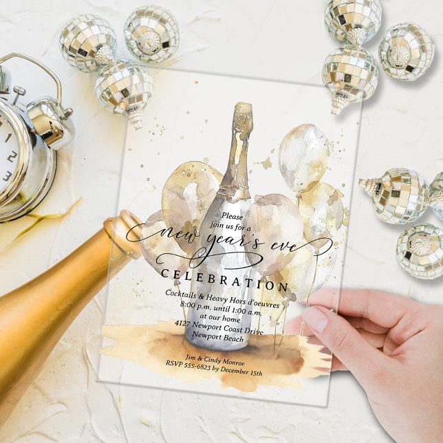 Invitations En Acrylique Elegant New Year's Eve Champagne & Balloons (Elegant New Year's Eve champagne and gold balloons ACRYLIC party invitations)
