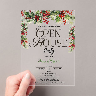 Invitations En Acrylique Élégant Noël Floral Holly Noël Open House
