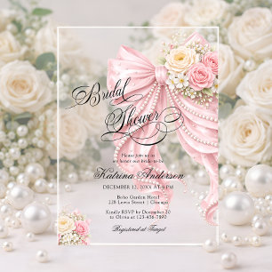 Invitations En Acrylique Élégant Nœud Rose Floral Baby Shower