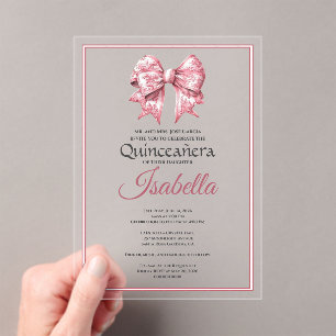 Invitations En Acrylique Élégant Nœud Rose Quinceanera 15e Anniversaire