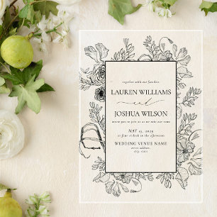 Invitations En Acrylique Élégant noir blanc Floral Line Mariage
