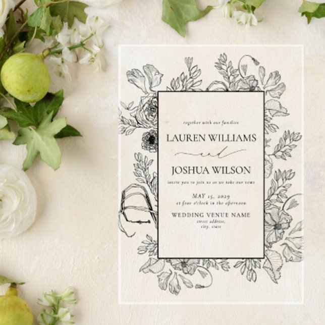 Invitations En Acrylique Élégant noir blanc Floral Line Mariage (Créateur téléchargé)