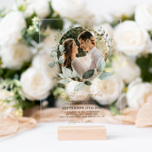 Invitations En Acrylique Elégant or et verdure Eucalyptus Mariage photo
