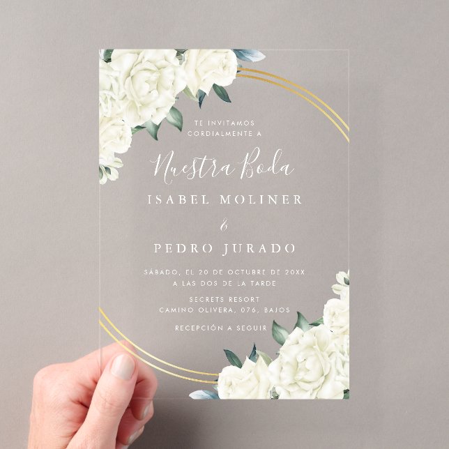 Invitations En Acrylique Élégant or ivoire Floral Nuestra Boda Mariage (In situ (ordinateur de poche))