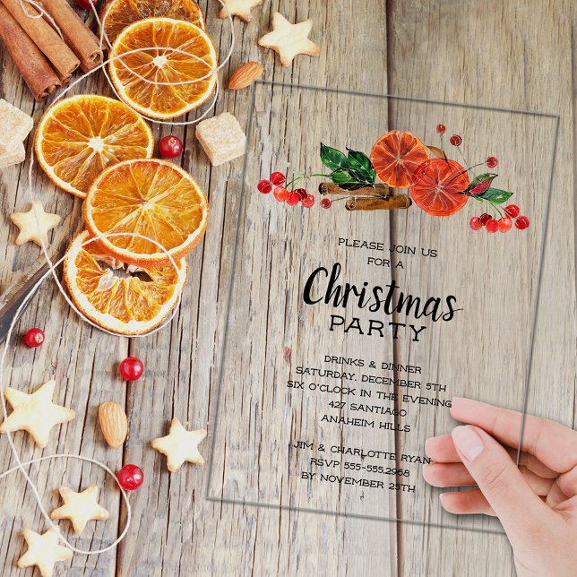Invitations En Acrylique Elegant Orange Slices and Cinnamon Christmas (Elegant orange slices, berries and cinnamon sticks ACRYLIC Christmas party invitations)