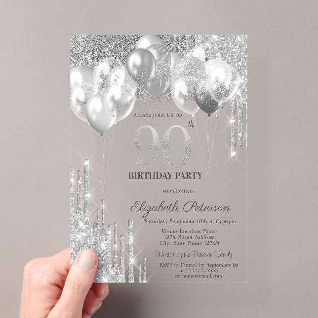Invitations En Acrylique Élégant Parties scintillant d'argent Ballons 90e a (In situ (ordinateur de poche))
