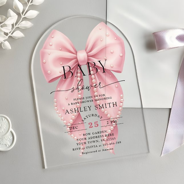 Invitations En Acrylique Elegant Pink Pearl Bow Baby Shower (Créateur téléchargé)
