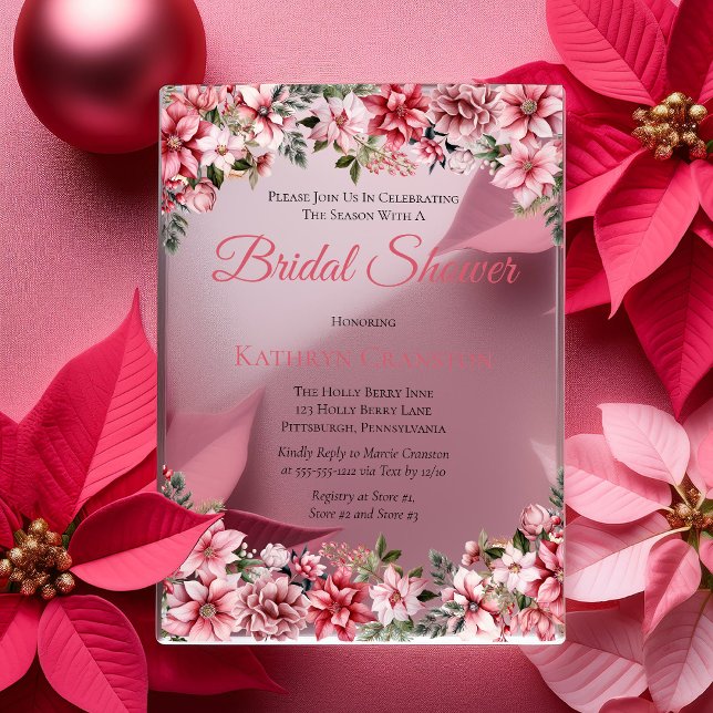 Invitations En Acrylique Élégant Poinsettias rose Fête des mariées florale (Elegant Pink Poinsettias Floral Winter Bridal Shower Acrylic Invitations)