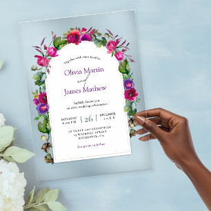 Invitations En Acrylique Élégant printemps rose fleurs violet mariage