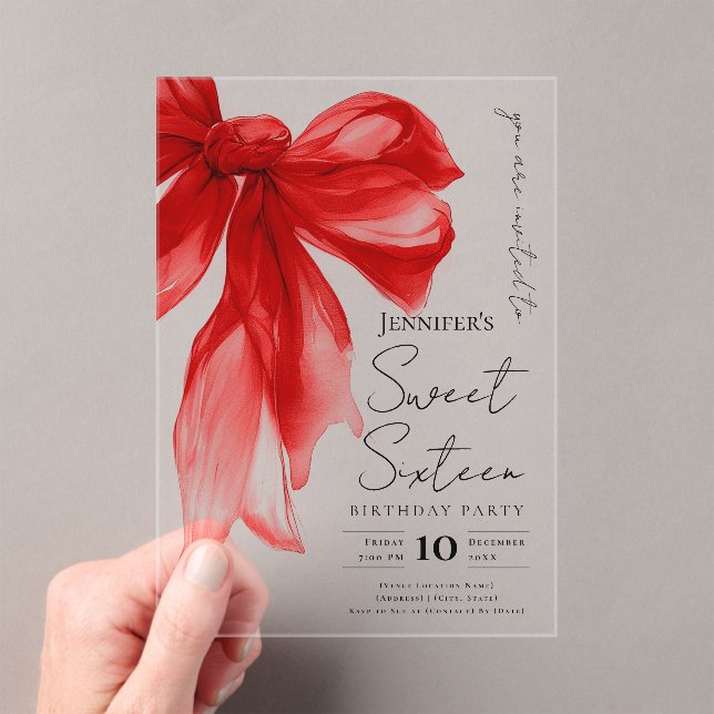Invitations En Acrylique Elegant Red Bow Coquette Script Sweet 16 Party (In situ (ordinateur de poche))