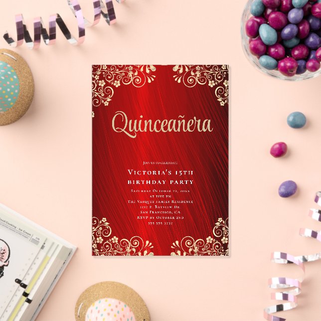 Invitations En Acrylique Elégant Red Gold Quinceañera 15ème anniversaire fê (Insitu (Célébration))