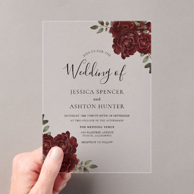 Invitations En Acrylique Élégant romantique Bourgogne Rouge Rose Mariage (In situ (ordinateur de poche))
