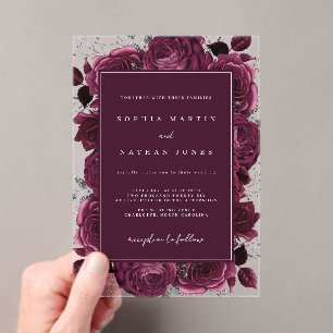 Invitations En Acrylique Elégant Rose d'argent Bourgogne Mariage clair