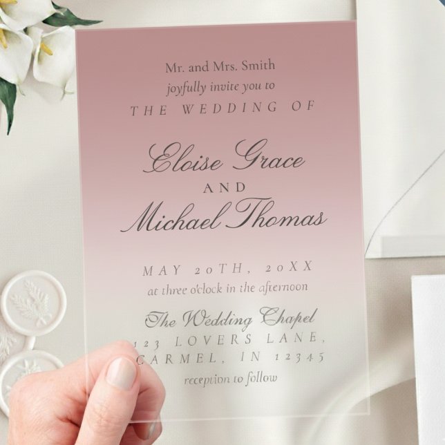 Invitations En Acrylique Élégant Rose de script Mariage de dégradé rose (Invite guests to your big day with this Elegant Script Gradient Wedding Acrylic Invitation!)