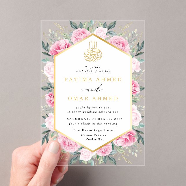 Invitations En Acrylique Élégant rose Floral Feuille  musulman Mariage (In situ (ordinateur de poche))