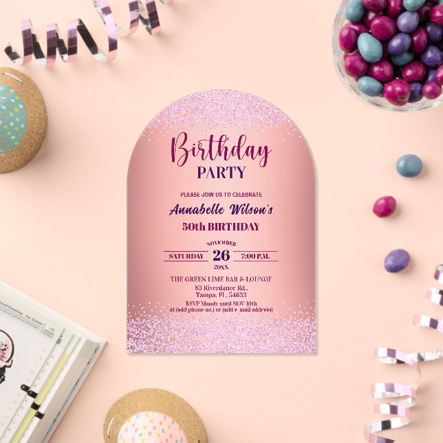 Invitations En Acrylique Elegant Rose Glitter Metallic Pink 50th Birthday  (Insitu (Célébration))