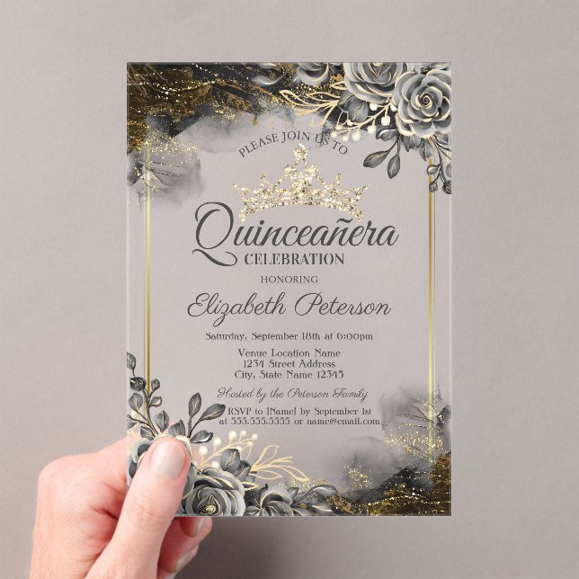 Invitations En Acrylique Élégant Rose noir gothique Quinceañera (In situ (ordinateur de poche))