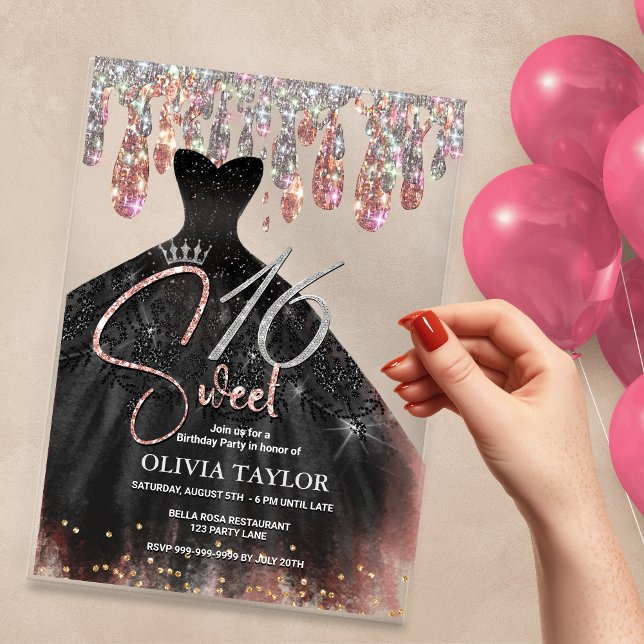 Invitations En Acrylique Elégant rose or noir robe douce 16 monogramme (Créateur téléchargé)