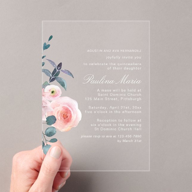 Invitations En Acrylique Élégant rose rose pâle Quinceañera (In situ (ordinateur de poche))