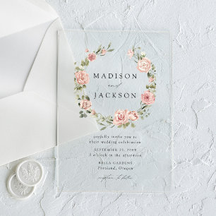 Invitations En Acrylique Élégant Roses de Blush et Mariage de Wreath vert